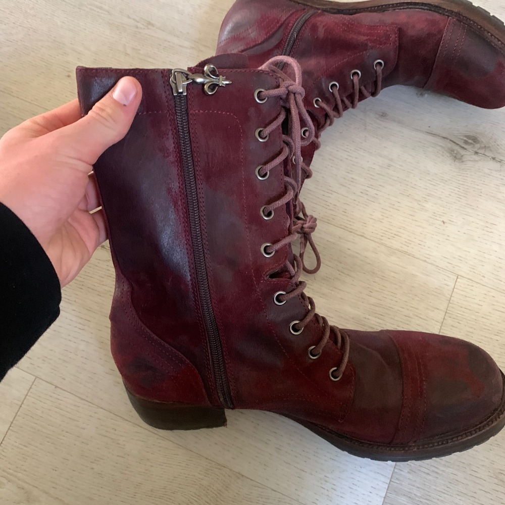 Lace-Up Mid-Calf Leather Boots - Red - Picture 9 of 10